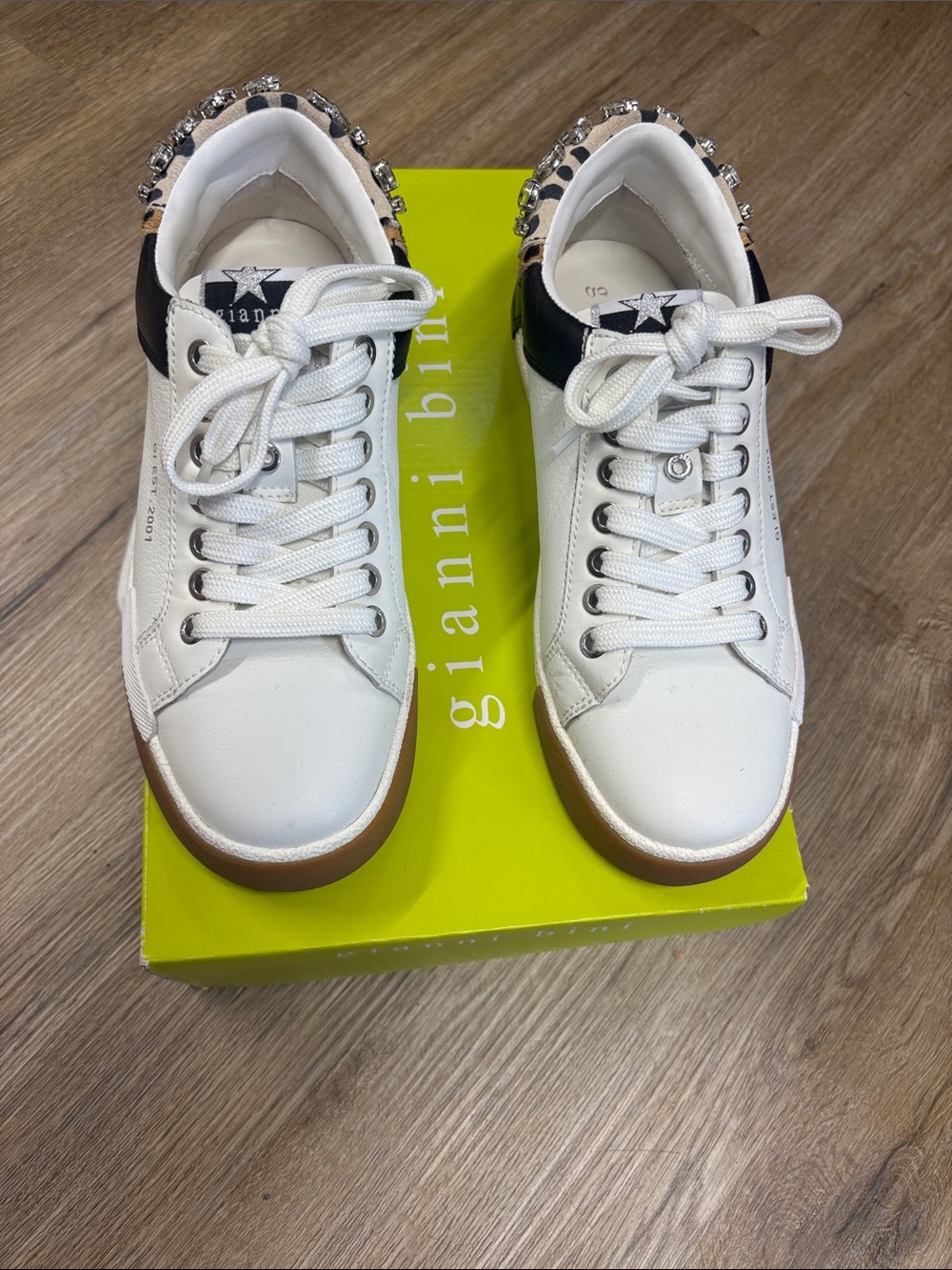 Gianni Bini White Leather Sneakers with Black Heel & Brown Sole
